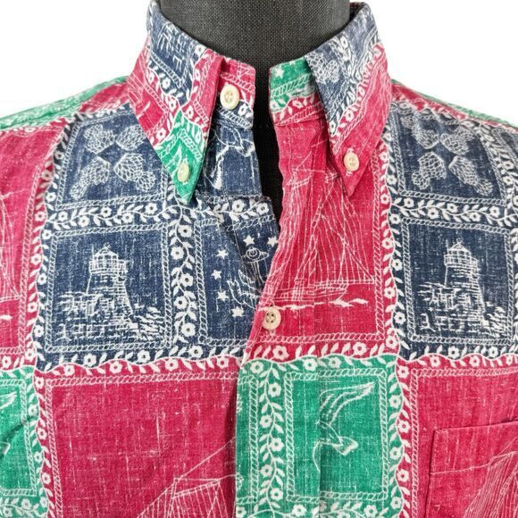 Reyn Spooner VTG 90s Reverse Patchwork Print Nautical Hawaii Sailing‎ Size L - Picture 5 of 6